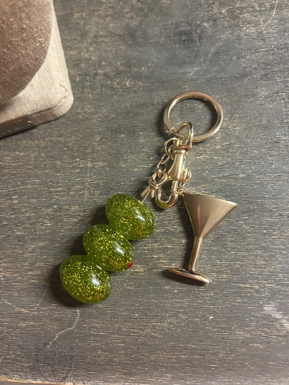 Green Glitter Olive Keychain with Gold Martini Charm
